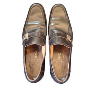 Salvatore Ferragamo Black 7VF 31375 Florence Leather Loafer Buckle Men Shoes-9D